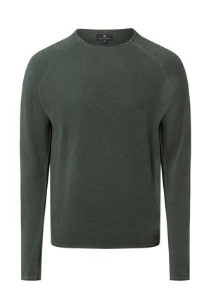 Maglione verde lavorato a maglia con scollo rotondo, maniche lunghe, design raglan e tessuto strutturato. Presenta un orlo dritto e dettagli minimi.