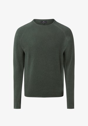 Pull en maille verte à col rond, manches longues, design raglan et tissu texturé. Présente un ourlet droit et un minimum de détails.