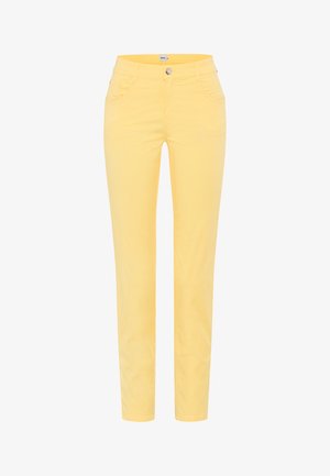 Yellow slim-fit pants with front button, zipper, and five-pocket styling, shown against a white background.