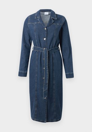Denim shirt dress in dark blue, featuring long sleeves, a collar, button closure, and a belted waist. Visible stitching details.
