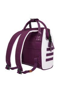 Purple and white backpack with a sturdy fabric, adjustable straps, zip closure, and side accents. Features a top handle and side pockets.