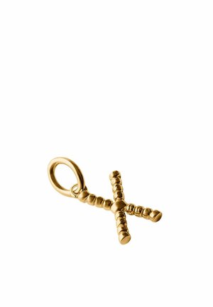 Colgante de cruz de oro con diseño texturizado de cuentas y bucle adjunto para cadena sobre fondo blanco.
