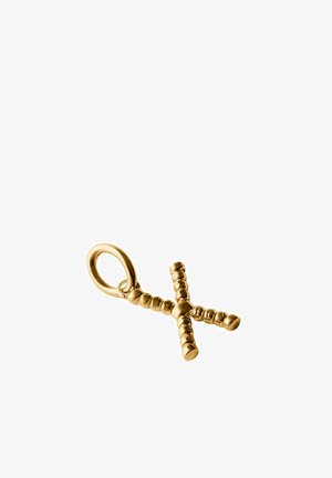 Colgante de cruz de oro con diseño texturizado de cuentas y bucle adjunto para cadena sobre fondo blanco.