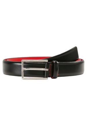 Black leather belt with a silver rectangular buckle, featuring red stitching and interior lining. Smooth texture with a polished finish.