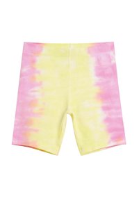 Shorts in tie-dye multicolore caratterizzati da una combinazione di tonalità gialle e rosa, con una morbida texture di cotone e una vita elasticizzata.