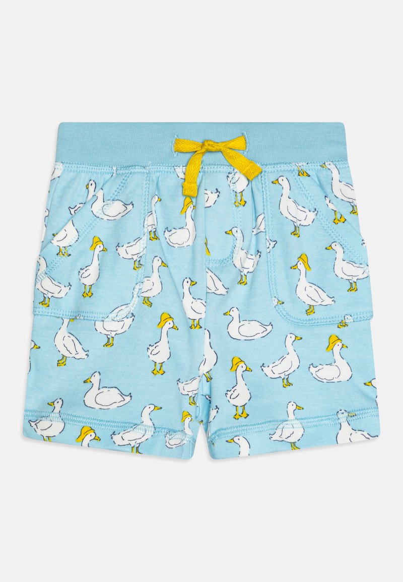 Siniset shortsit, joissa on ankka-kuvio ja keltaisia yksityiskohtia. Valmistettu pehmeästä kankaasta, jossa on joustava vyötärö ja säädettävä nauhavyö.