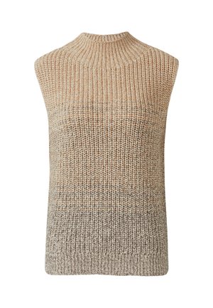 Mouwloze gebreide sweatervest met geribbelde hoge hals in beige en bruine gradient tinten.