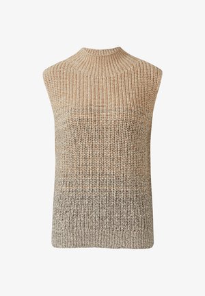 Mouwloze gebreide sweatervest met geribbelde hoge hals in beige en bruine gradient tinten.