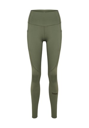 Olivengrønne leggings med høj talje, synlige sømme og lille sort "hummel" logo på venstre nederste ben.