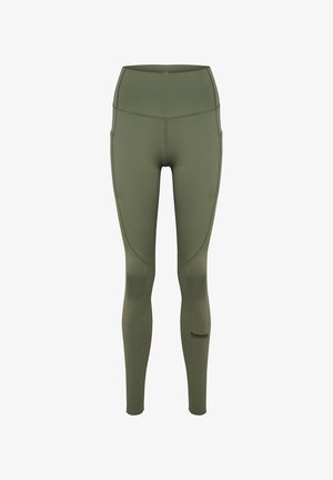 Olivengrønne leggings med høj talje, synlige sømme og lille sort "hummel" logo på venstre nederste ben.
