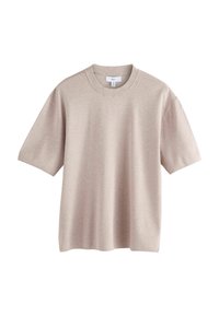 Camiseta de manga corta beige hecha de tela de punto. Presenta un escote redondo y un ajuste holgado con costuras mínimas y sin estampados.