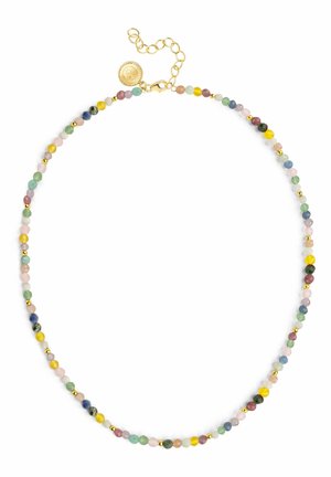 Collier délicat à perles avec de petites pierres rondes multicolores et des perles intercalaires en or, doté d'un fermoir en or et d'une chaîne réglable.
