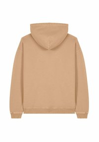 Felpa beige con cappuccio regolabile, polsini e bordo a coste. Materiale morbido, design semplice senza motivi o accessori visibili.