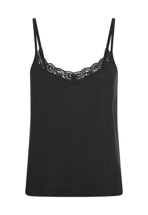 Schwarzes ärmelloses Camisole mit dünnen, verstellbaren Trägern und Spitzenbesatz entlang des V-Ausschnitts.