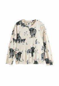 Lysebeige sweater med sorte dyreillustrationer, herunder højlandskvæg og kaniner, med samlet kant på ærmer og forneden.