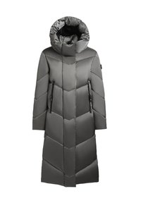 Gevoerde jas in donkergrijs, met een hoge kraag, een chèvronpatroon en zijzakken met rits voor functionaliteit en warmte. Glad, glanzend materiaal.
