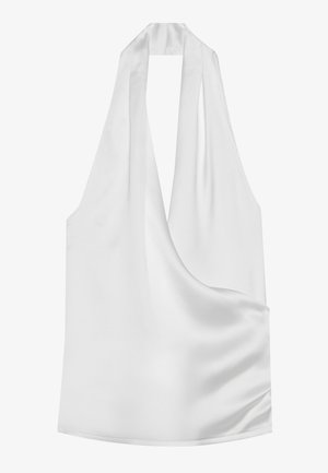 Witte satijnen haltertop met een diepe V-hals, gedrapeerd ontwerp en een soepele textuur. Minimalistische stijl zonder zichtbaar beslag of patronen.