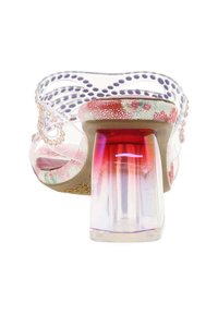 Clear heeled sandal featuring a transparent upper, floral-patterned insole, and a gradient pink to red block heel.