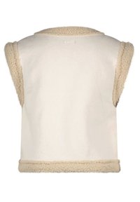 Beżowa, bezrękawnikowa kamizelka w kolorze kremowym z miękkim, puszystym beżowym wykończeniem. Posiada okrągły kołnierz i prosty design z tyłu. Materiał wydaje się przytulny i gruby.