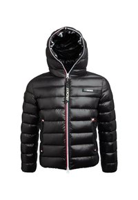 Jachetă puffer neagră cu glugă, design capitonat orizontal, fermoar frontal cu eticheta "JACK1T", două buzunare laterale cu fermoar și etichetă de marcă pe piept.