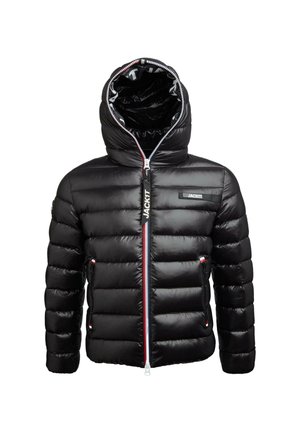 Schwarze Pufferjacke mit Kapuze, horizontale Steppung, Frontreißverschluss mit "JACK1T"-Tag, zwei seitliche Reißverschlusstaschen und markiertes Brustlabel.