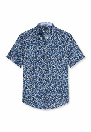 Kurzärmeliges Hemd mit Knopfleiste, blau-weißem Blumenmuster und Hemdkragen auf weißem Hintergrund.