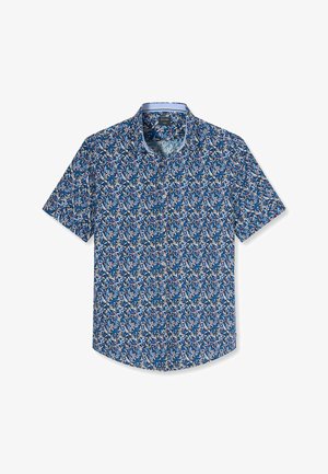 Kurzärmeliges Hemd mit Knopfleiste, blau-weißem Blumenmuster und Hemdkragen auf weißem Hintergrund.