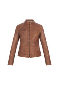 Hnědá kožená bunda s vysokým límcem, dvěma kapsami na zip na hrudi a přiléhavým střihem s hladkým povrchem a minimálním kováním.