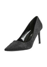 Czarny szpilka na wysokim obcasie z wydłużonym noskiem, pokryty małymi błyszczącymi ćwiekami. Gładkie, błyszczące wnętrze i smukły obcas typu szpilka dodają elegancji.