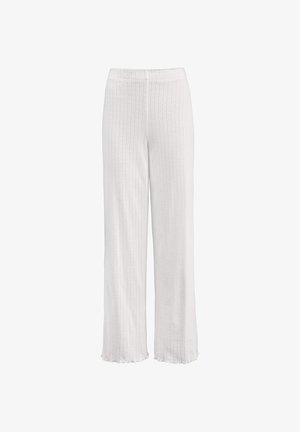 White wide-leg pants made of textured fabric featuring vertical ribbed pattern, elastic waistband, and frayed hem details.