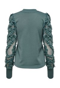 Maglione teal con maniche lunghe e trasparenti decorate con petali di tessuto. Corpo testurizzato, colletto e polsini a costine, design aderente.