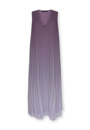 Mouwloze paarse maxi-jurk met diepe V-hals en verticale plooien die zich uitstrekken van de schouders tot de zoom.