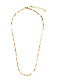 Ogrlica zlatne boje s povezanim ovalnim i produljenim oblicima glatke površine. Podesivi lanac s kopčom i visećim ukrasom.