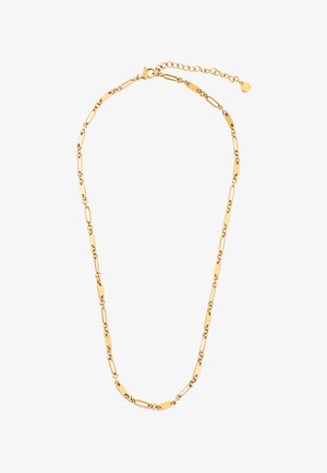 Aranyszínű nyaklánc összekapcsolt ovális és megnyúlt formákkal, sima felülettel. Állítható lánc kapoccsal és lógó díszítéssel.