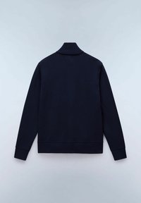 Maglione lavorato a maglia blu navy con colletto alto, polsini e orlo a coste. Texture liscia, senza motivi visibili né dettagli hardware.