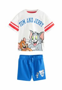 White cotton t-shirt with red-striped sleeves and cartoon characters; blue cotton shorts with elastic waistband and printed logo detail.