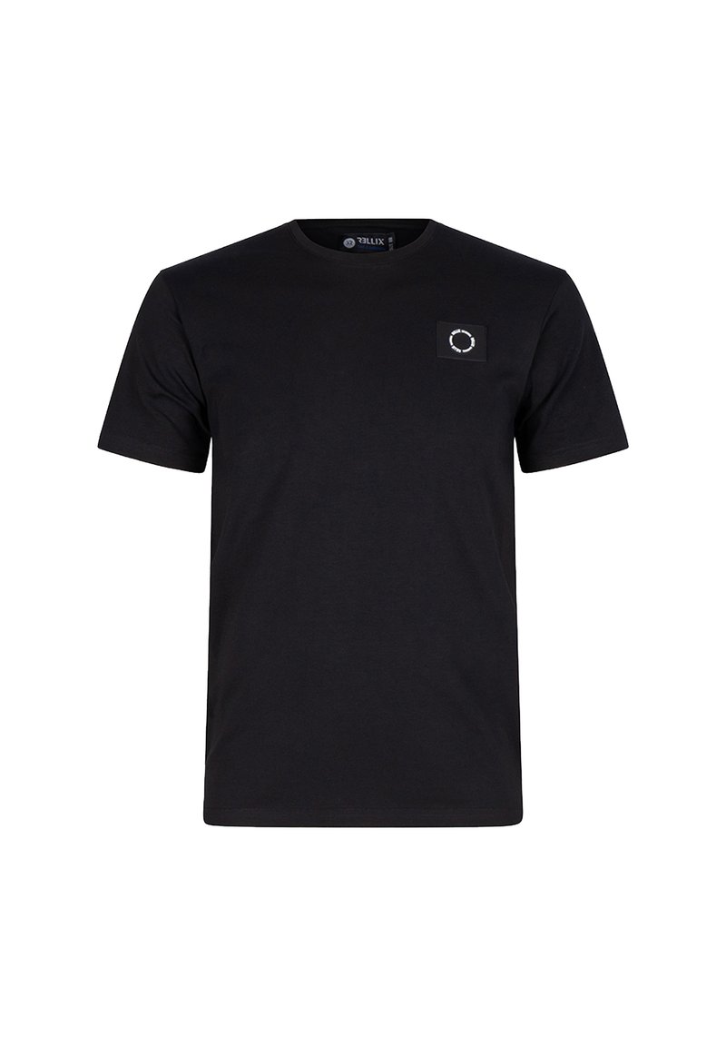 Sort bomulds T-shirt med rund hals og korte ærmer. Har et lille firkantet logo i hvidt på venstre bryst. Enkel design.