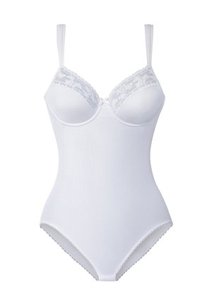 Weißer Body mit Spitzenbesatz an den Cups, verstellbaren Trägern und glattem Material. Hervorgehoben durch eine figurbetonte Form und gewellte Kanten an den Beinausschnitten.