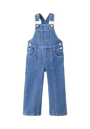 Salopette en denim bleu avec bretelles ajustables, poche poitrine avant, boutons latéraux et deux poches avant sur les hanches.