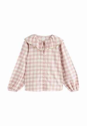 Pink and white checkered blouse with long sleeves, a ruffled collar, and a tied neck detail; features white buttons down the front.