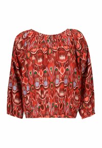 Blouse rouge à coupe ample, encolure élastique et manches trois-quarts. Présente un motif abstrait vibrant avec des accents verts et violets.