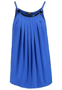 Top sans manches bleu en tissu doux, avec des plis à l'avant, un col rond avec des accents noirs et de fines bretelles.