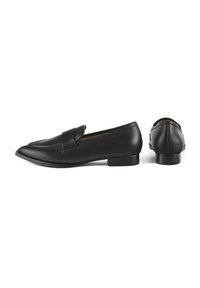 Black leather loafers with a pointed toe, featuring a strap detail across the instep, low block heel, and smooth texture.