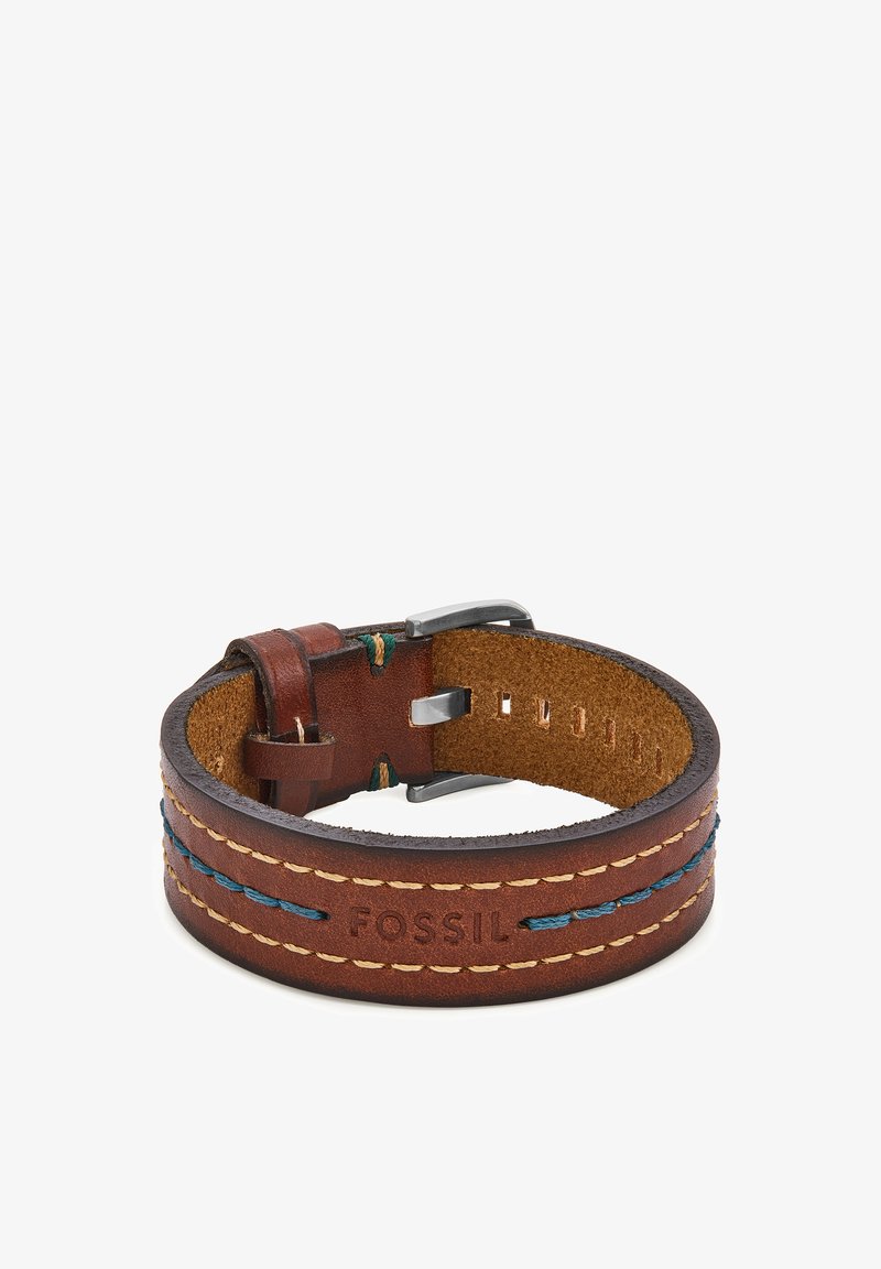 Brown leather bracelet with blue and cream stitching, featuring a metallic buckle. The interior is suede-finished with punched holes for adjustment.