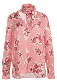 Blusa rosa chiaro con maniche lunghe, stampa floreale in rosso e crema. Presenta una sciarpa coordinata legata al collo. Tessuto morbido e leggero.