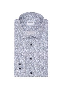 Koszula na guziki w białym kolorze z niebieskim kwiatowym wzorem. Posiada klasyczny kołnierz, regulowane mankiety i ciemne guziki. Materiał o fakturze.