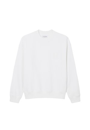 Witte longsleeve trui met ronde hals, geribbelde manchetten en zoom, voorzien van een klein borstzakje en een merkembleem aan de binnenkant van de halslijn.
