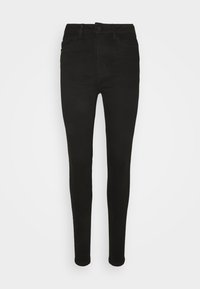 Jeans ajustados negros hechos de denim, con una cintura alta, bolsillos delanteros y una bragueta con botón. La tela tiene una textura suave y lisa.