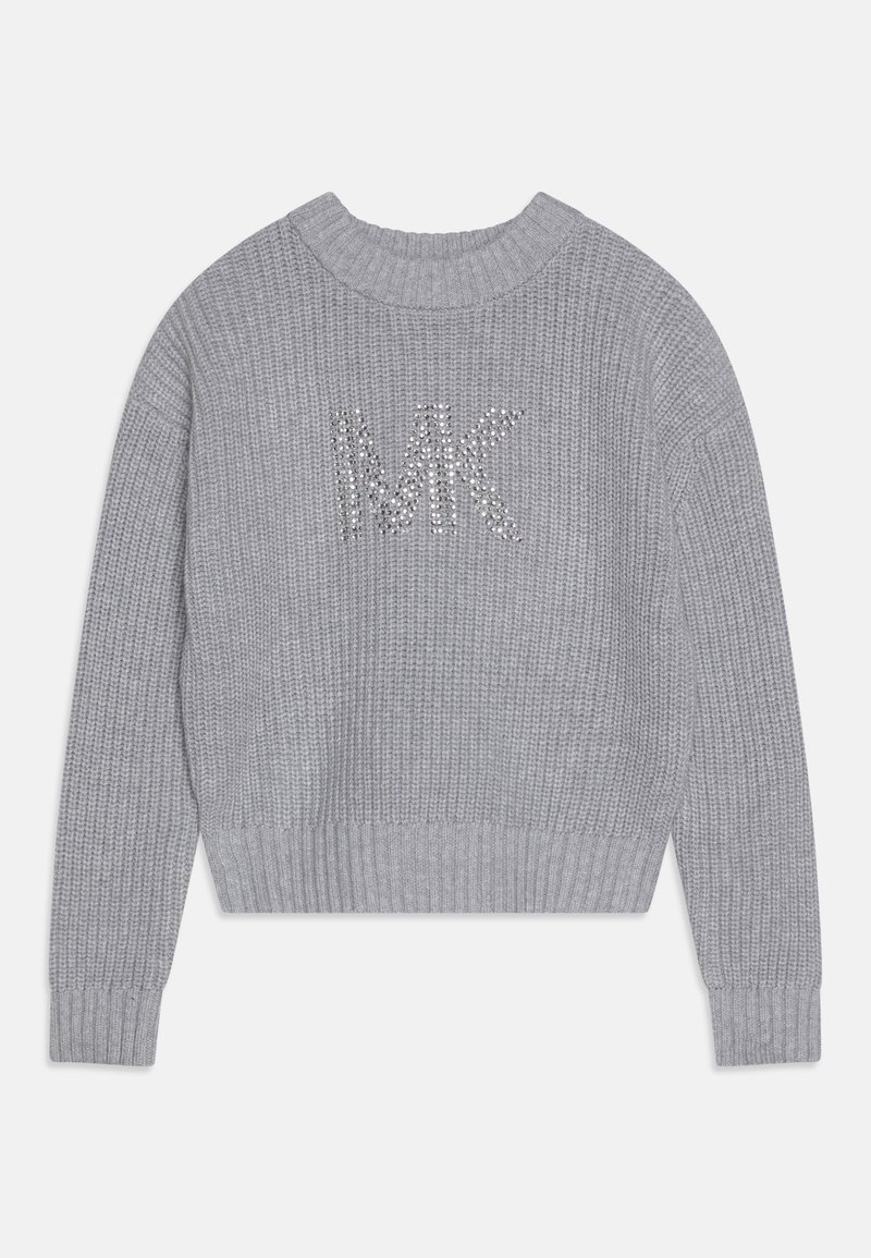 Pull gris en maille avec poignets et ourlet côtelés, avec un logo "MK" en strass centré sur la poitrine.