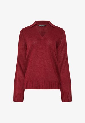 Rød strikket sweater med krave, V-formet front, ribbede manchetter og kant, med en struktureret overflade og løstsiddende pasform.